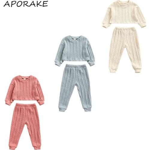 2021 0-4Y Kid Baby Girl Knitted Clothes Set Spring Fall Solid Color Twist Round Neck Long Sleeve Top Sweater+Pants Casual 2pcs