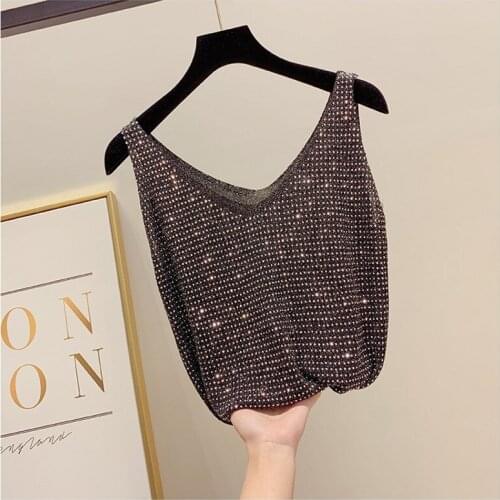 2019 New Summer High Quality Knitted Top for Women Bright Silk Sleeveless Basic Top V Neck Hot Drilling Female Sling Knitti tops