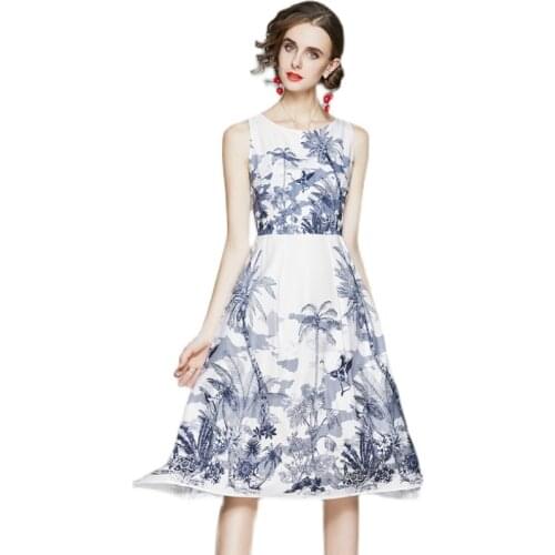 New Arrival 2021 New Summer Women Sleeveless Slim Dress High Quality Retro Light Color Landscape Print Big Hem Elegant Dress