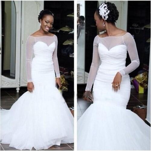 Long Sleeve Mermaid Bateau Wedding Dresses White Organza Sweep Train Sheer Cheap Bridal Gowns Spring Vestidos