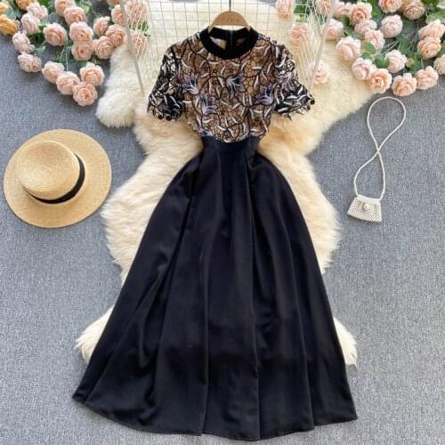 Vintage Lace Embroidery Black Dress for Women 2021 Summer Runway Fashion Patchwork Robe Longue Party Vestidos