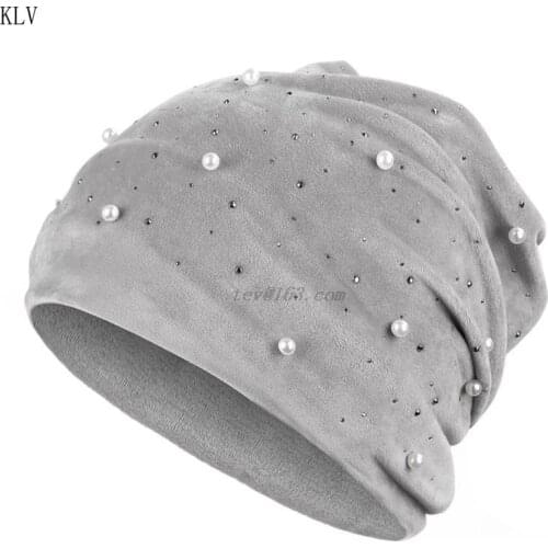 Winter Beanies Soft Warm Shiny Rhinestone Solid Color Women Skullies Beanies Pearl Womens Hat Velvet Fabric Soft Cap