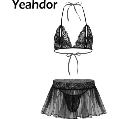 2Pcs Mens Sissy See Through Sheer Lace Lingerie Halter Neck Nipple Split Bra High Waist Mini Flared Skirt with Built-in Briefs