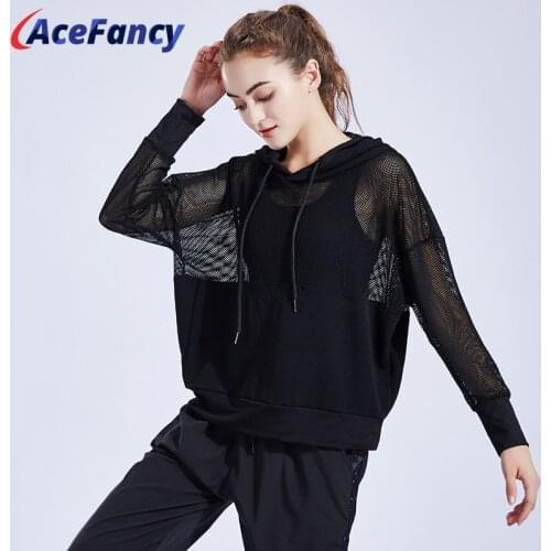 Acefancy Black Sports Tops Gym Women Mesh Sport Shirt Long Sleeve Soft Yoga Crop Top 17-29 Athletic Sports Wear For Women Gym