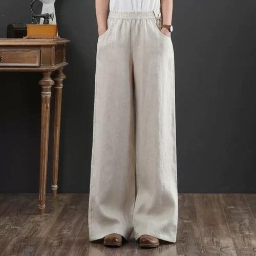 Pure Linen Large size wide leg pants elastic waist solid color Retro women Trousers Autumn Loose casual Long Pants