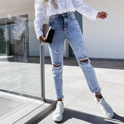 Women Jeans Ripped Holes Pockets High Waist Slim Straight Cropped Ladies Denim Pants Casual Streetwear Summer Autumn