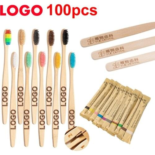 Customized Logo 100Pcs Kids Bamboo Toothbrush Soft Bristle Resuable Toothbrushes Portable Children Adult Eco-Friendly Products