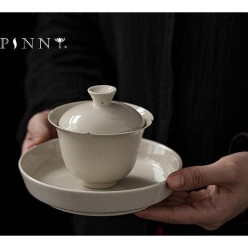 PINNY 130ML Retro Plant Ash Glaze Ceramic Tea Tureen Traditional Chinese Kung Fu Gaiwan Pigmented Tea Service