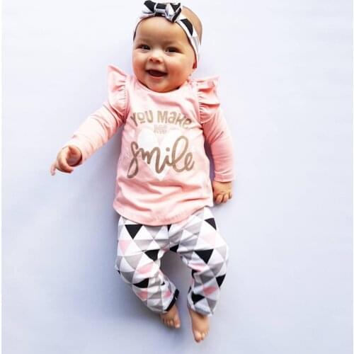 3Pcs Newborn Baby Girl Spring Fall Clothes Set Long Leeve Letter T-Shirt Geometric Pants Headband Infant Girls Clothing Outfits