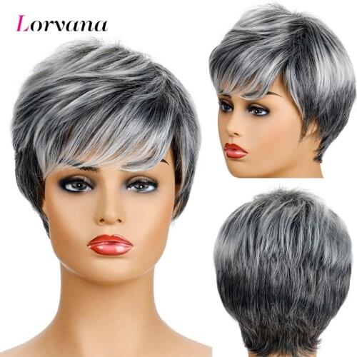 Loryana Synthetic Sliver Gray Short Hair Wig Blend 50% Human Hair Left Side Parting Pixie Cut Wigs for Women Free Shipping