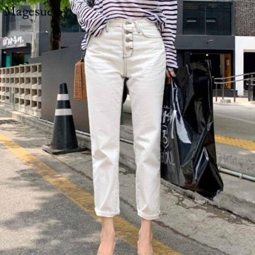 Fashion Single-breasted Jeans Woman Straight Casual Boyfriend Jeans For Women Zipper White High Waist Women Jeans Pants 10417