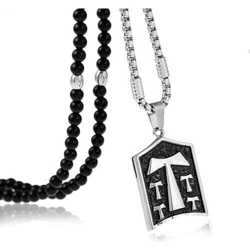 Men Stainless Steel Franciscan T Crucifix Pendant Necklaces with Black Natural Stone Chain Necklace 26"