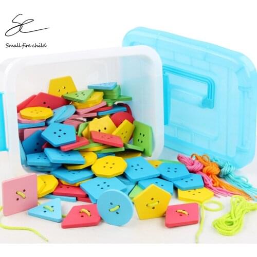 NEW 40/60/120pcs Montessori Education Wooden Wear The Button Wooden Toys Threading Board Beaded Blocks Child Birthday Gift Toy