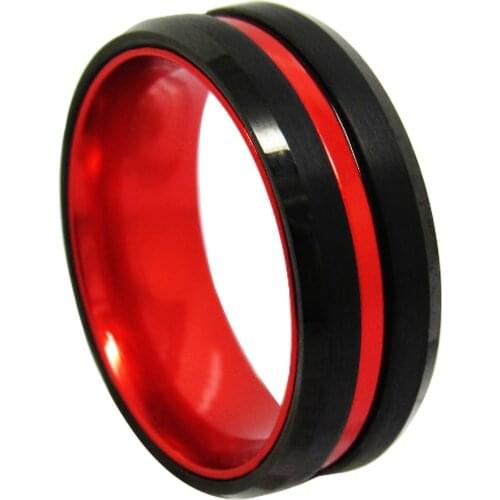 New Black/Red Two Tones 6mm/8mm Width Tungsten Mens Finger Rings for Party Red Groove Matte Finish Size 6-13 Can Engraving