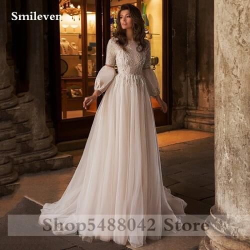 Smileve Princess Wedding Dress Puff Sleeve Boho Bride Dresses Elegant Beaded Wedding Gowns Lace Appliques Vestido de novia