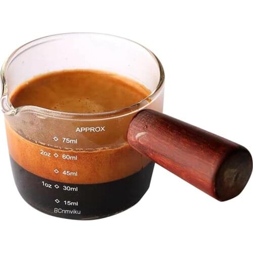 Glass Measuring Cup Espresso Shot Glass 75ML Triple Pitcher Barista Single Spouts with Wood Handle