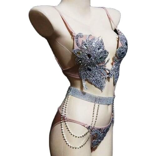 Rhinestones Floral Pattern Bikini Sets Embellished Chain Costume Personality Performance Costume Ladies Nightclub Outfit