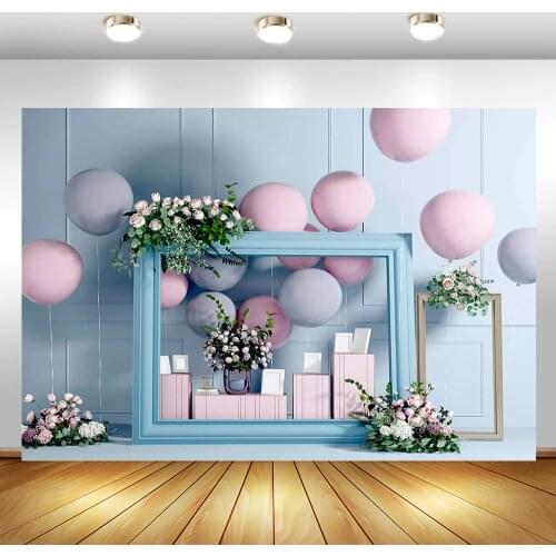 Light Blue Elegant Door Photography Backdrops For Photo Studio Balloon Flower Backdrop for Photography Birthday Photo Background