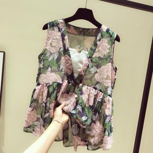 Shirt Women Summer Clothes 2021 New Female Korean Sleeveless V-neck Floral Crop Tops Fake Two-piece Chiffon Top for Ladies Y930