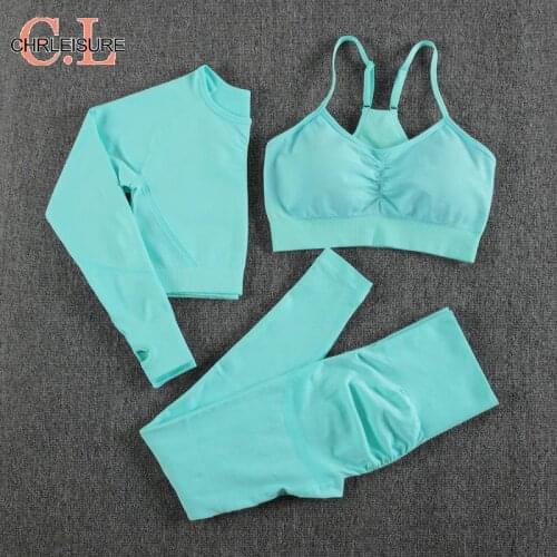 CHRLEISURE Sports 3 Piece Set Women Seamless High Waist Elastic Tummy Control Fitness Set Running Workout Set Women Sportswear