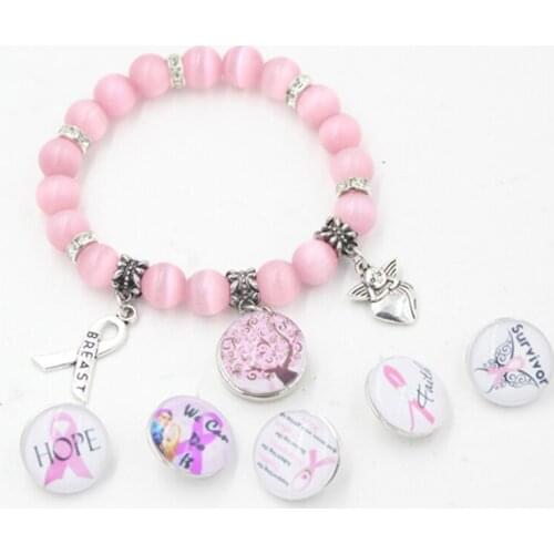 1PC Bracelet 6PCS Buttons Breast Cancer Awareness Jewelry Pink Opal Bead Breast Cancer Ribbon Angel Charm Bracelets Cancer Gift