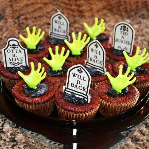 12pcs Halloween Cake Topper Tombstones Graveyard Cupcake Toppers RIP Halloween Party Supplies Desert Food Cake Decorations