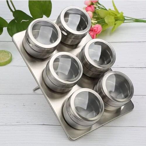 6pcs/set Magnetic Spice Jars With Wall Mounted Rack Stainless Steel Spice Tins Spice Seasoning Containers Spice Organizer Rack