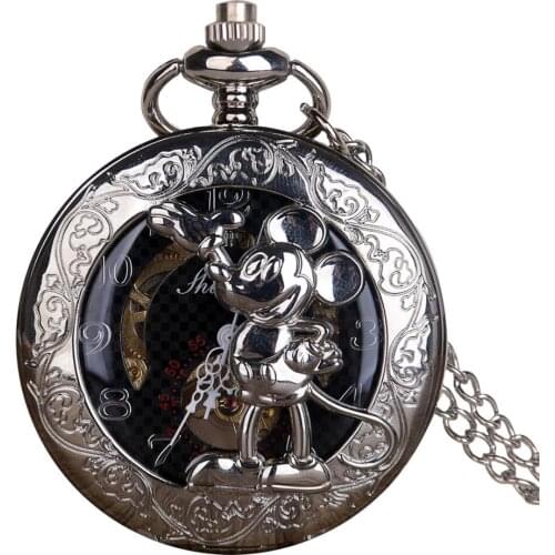 Silver Mouse Hollow Mechanical Pocket Watches Steel Skeleton Hand-winding Retro Men Women Clock Pendant Chain Fob Watch