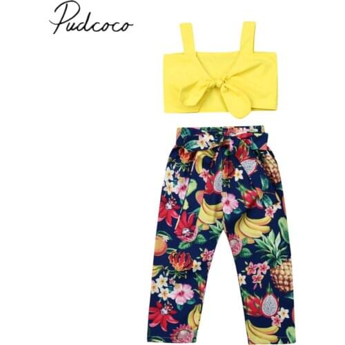 2019 Children Summer Clothing Toddler Kid Baby Girl Sunsuit Clothes Bow Strap Top Fruit Print Strap Pant Outfits 2Pcs Set 2-7T