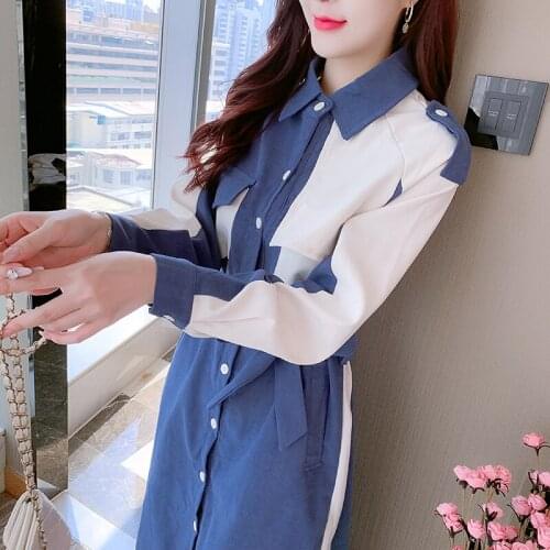 Blue Bow Long Sleeved Shirt Long Korean Fashion Kawaii Casual WomenS Elegant Dresses Autumn For Women 2021 Female Clothing