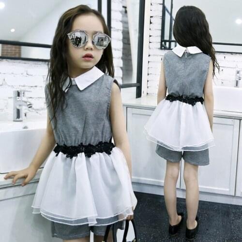 Hot selling!2020 new summer girls fashion suit big virgin College Wind Slim sleeveless shirt collar and shorts suit