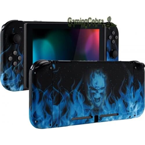Blue Flame Skull Soft Touch Grip Console Back Plate, Controller Housing Shell with Full Set Buttons for Nintendo Switch