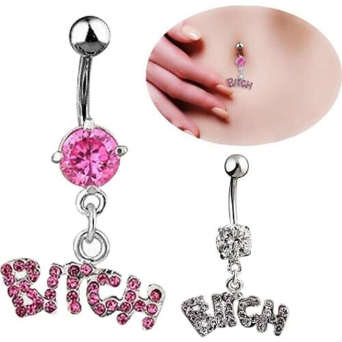 Steel Rhinone Sexy BITCH Letter Dangle Navel Belly Button Ring Body Piercing