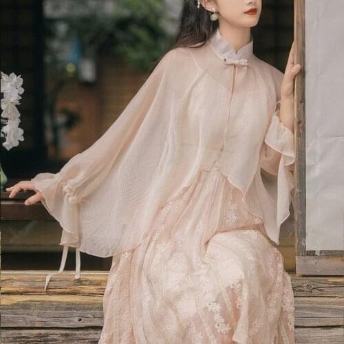 Cheongsam Dress Embroidery Vintage Chinese Modern Dresses for Women Floral Lotus Sleeve Oriental Party Chiffon Dress Summer 2021
