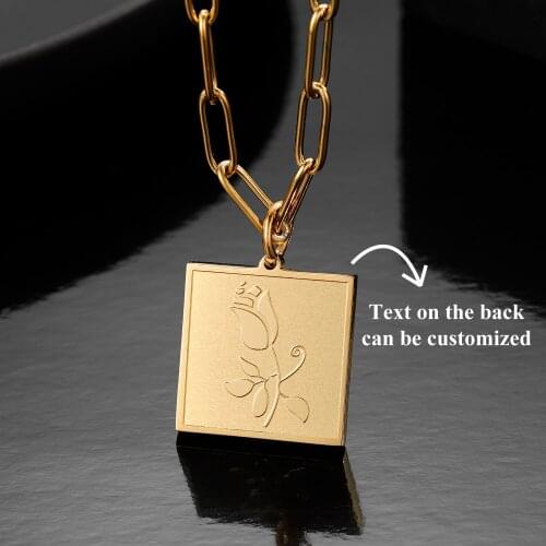 Retro Rose Flower Pendant Necklace For Women Gold stainless steel Chain Square Shape Chocker Neclaces Trendy Antique Jewelry Gif