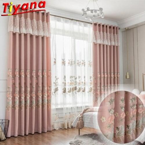 Luxury Embroidery Pink Flowers Curtains for Living Room Pink Blackout Curtains for Girls Room Cute Princess Tulle X-HM416#NT