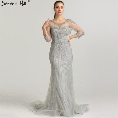 Grey Beading Sequined Tulle Evening Dress Transparent Long Sleeves Mermaid Evening Gown 2020 Real Photo LA6395