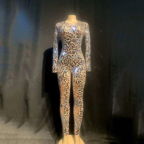 Mirrors Jumpsuit Mesh Wrap Skinny Celebrate Dance Costume Women Performance Net Yarn Bodysuit Bar Nightclub stage dance wear