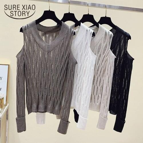 Autumn 2021 New Korean Version Long Sleeve Off Shoulder Hollow V-neck Knitwear Womens Loose-fitting Fashion Sunscreen Top 15928