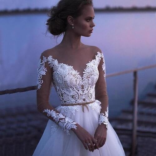 2021 V-Neck Lace White Wedding Dress A Line Court Train Belt Decoration Long Sleeve Ball Gown for Bride