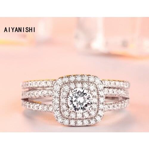 AIYANISHI 925 Sterling Silver Wedding Ring Sets Double Halo Finger Ring Set for Women Silver Engagement Bridal Band Ring Jewelry