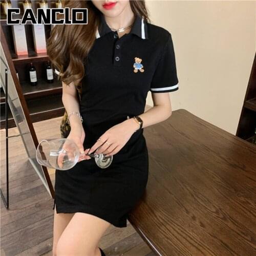 Polo T-Shirt Dress 2021 Summer Korean Women Fashion Clothing Casual Turn Down Collar Short Sleeve Ladies Female Black Pink White