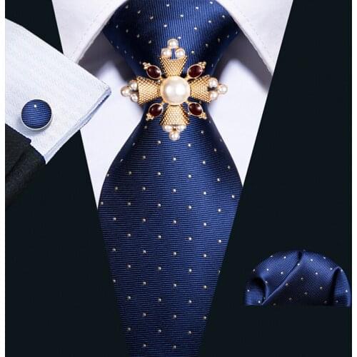 2020 Blue Geometric Dots Pattern 100% Silk Men Tie Barry.Wang 8.5cm Woven Business Necktie Hanky Cufflinks Brooch Set Men Gift