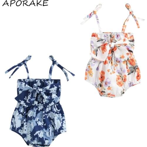 2021 0-24M Infant Baby Girl Summer Romper Cute Floral Print Big Bow Sleeveless Bandage Playsuit Jumpsuit Outfit