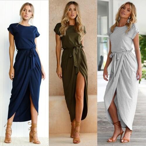 2021 New Sexy CasualWomen Split Dress O-neck Short Sleeve Dresses Tunic Summer Maxi Dress Beach Lady Clothing Fashion Belt