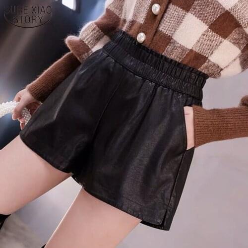 2021 Fashion Slim Black All-match High Waist Woman pant Winter New Wide Leg Loose PU Leather Short Pants Pantalon Corto 11267