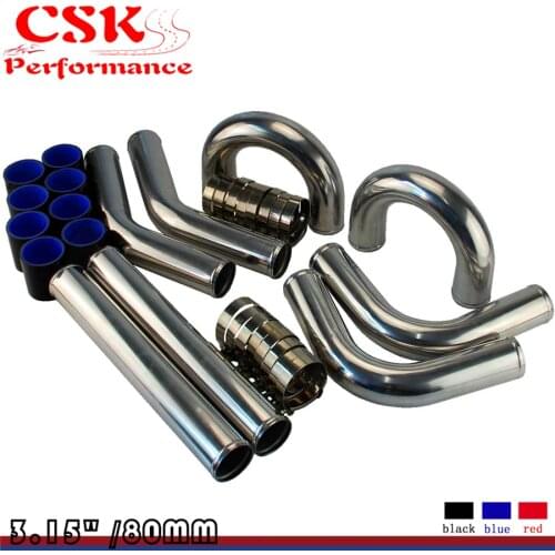 3.15" 80mm Aluminum Universal Intercooler Turbo Piping pipe Kit +Black hose kits