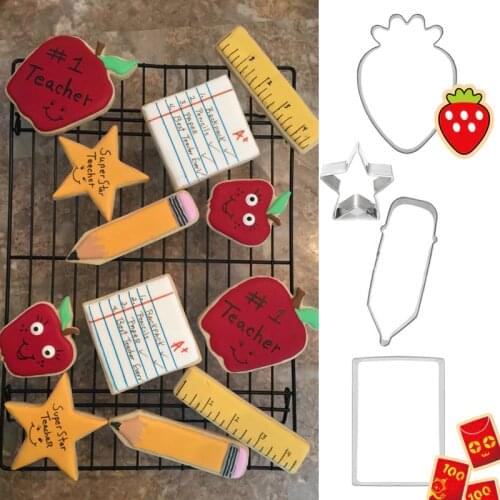 4pcs patisserie reposteria Star Book Strawberry Pen Cookie Cutter Metal Mold Fondant Cake Decor Tool Biscuit Pastry Shop Mould