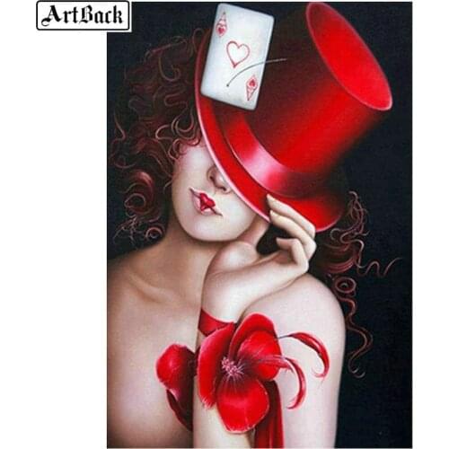 5d diy diamond painting woman red hat full square mosaic art resin round drill diamond embroidery wall sticker