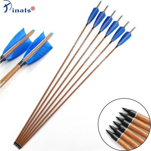 6/12pcs Pinals Spine 500 32 Inch Shaft ID 6.2mm 4 Inch Turkey Vanes Wood Skin Arrow for Recure Bow and Arrow Hunting